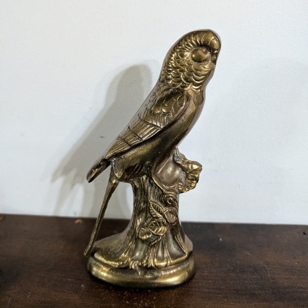 Vintage Solid Brass Budgie Parakeet Bird Figurine on Branch Statue Decor MCM